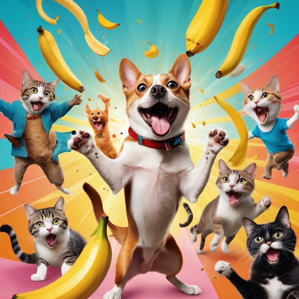 A collage of various funny video clips, featuring iconic moments of people laughing, a cat in a silly pose, a dog doing tricks, and a comedic character slipping on a banana peel. The images should convey joy, laughter, and engagement, with bright colors and exaggerated expressions to enhance the humor. Include dynamic motion elements to suggest action and fun. vibrant colors. cartoon style.