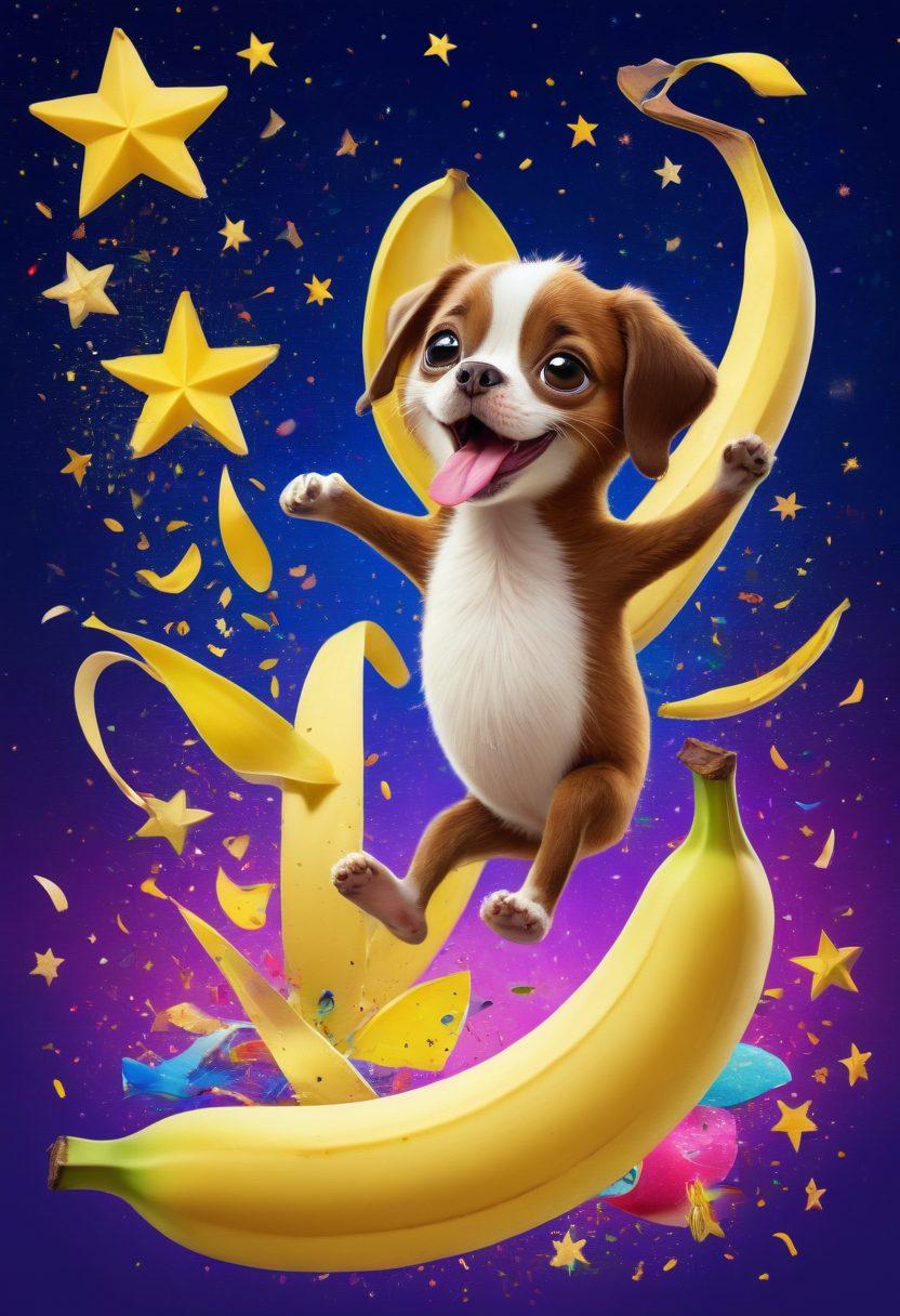 A captivating collage that showcases a variety of hilarious and awe-inspiring video moments, including a cartoonish character slipping on a banana peel, an athlete completing a stunning trick, and a cute animal doing something adorable. The background should be bright and playful, with vivid colors and dynamic elements like confetti and stars to convey excitement and joy. The collage should have a whimsical touch to attract readers' attention. vibrant colors. playful style. digital illustration.