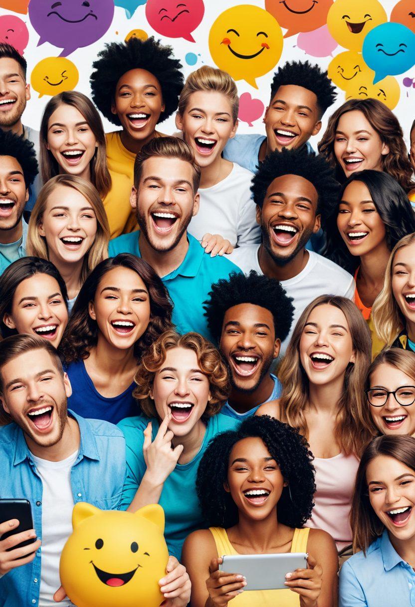 A vibrant collage of people laughing and sharing funny videos on various devices like smartphones and tablets, with playful emojis and speech bubbles depicting hilarious reactions. The background is filled with dynamic, colorful bursts and trending video icons. Capture a joyful atmosphere with a mix of diverse individuals to highlight engagement. super-realistic. vibrant colors. white background.